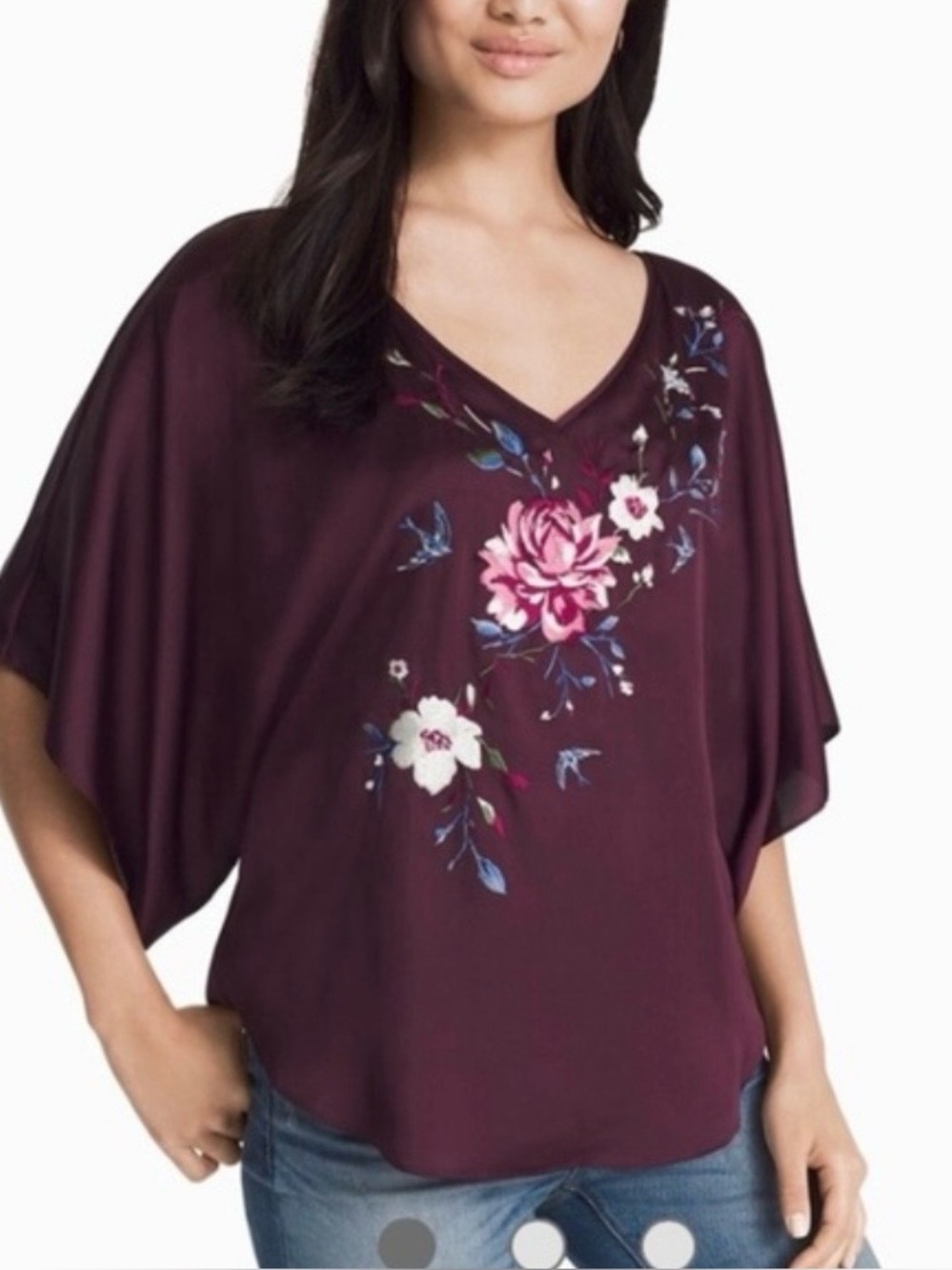 White House Black Market Embroidered Kimono Style Blouse Top Large